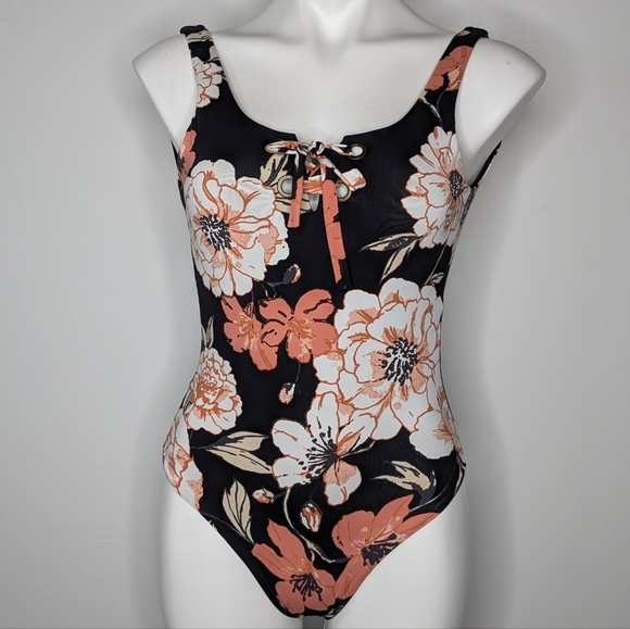 Roxy Black White Peach Floral Lace Up Low Back One Piece Swimsuit XS - Picture 1 of 10